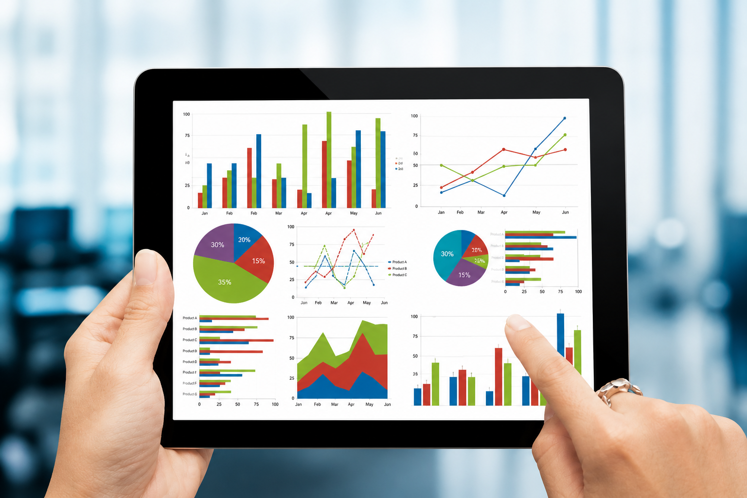 Persona revisando gráficos e indicadores en una tablet como parte de una investigación social aplicada para analizar datos y tomar mejores decisiones antes de diseñar un proyecto.