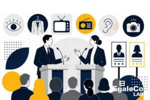 Ilustración de un debate político con dos candidaturas, público y símbolos de comunicación no verbal como imagen, escucha, vestimenta y medios.