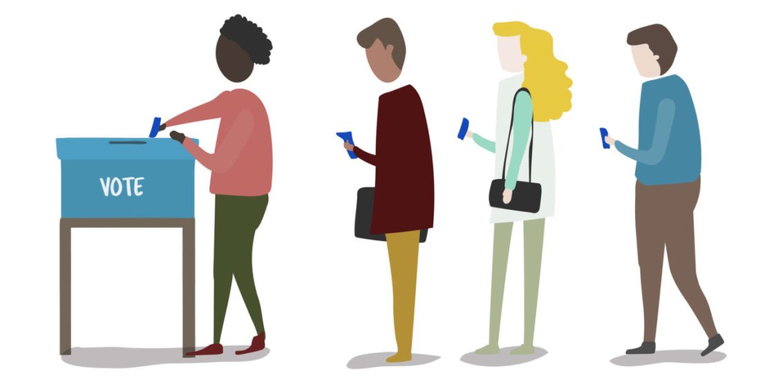 Personas diversas haciendo cola para votar en una urna, en relación con la comunicación política con perspectiva de género.